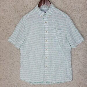 Southern Tide Shirt Men's M Medium Green P Linen Blend Palm Stripe‎ Garden Grove